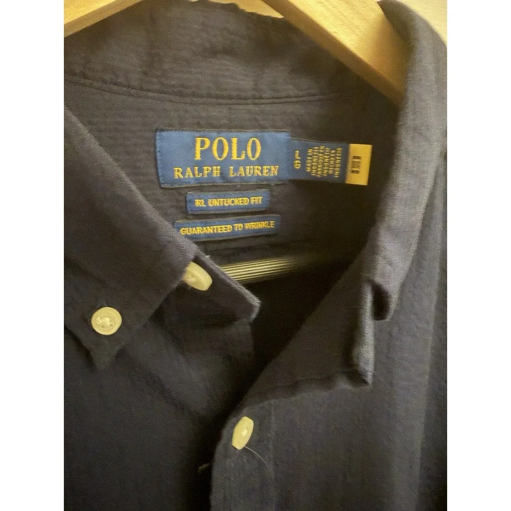 Polo Ralph Lauren Navy Untucked Fit SS Button Down Seersucker Size Large New